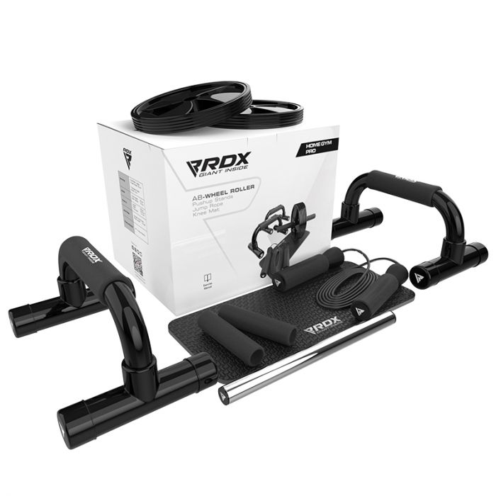 JUEGO DE RODILLOS PARA ABDOMINALES 4 EN 1 CON BARRA PARA FLEXIONES, CUERDA PARA SALTAR Y RODILLERAS