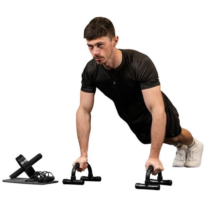 JUEGO DE RODILLOS PARA ABDOMINALES 4 EN 1 CON BARRA PARA FLEXIONES, CUERDA PARA SALTAR Y RODILLERAS