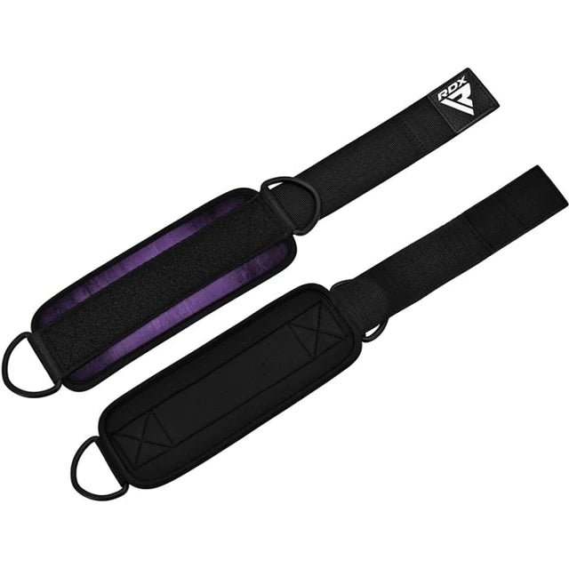 Correas de tobillo RDX A4 moradas para gimnasio en Bolivia - cierre ajustable - Chelo Sports