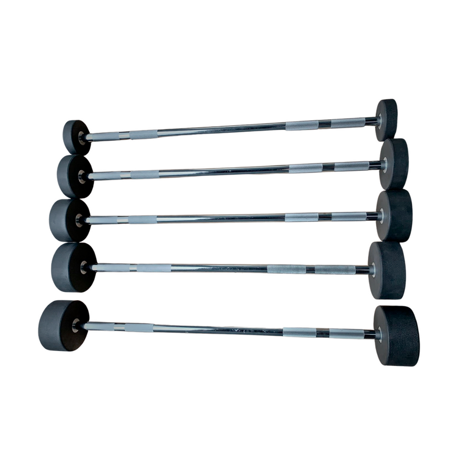 Rubber barbell para gimnasio en Bolivia - detalle de pesos y agarre - Chelo Sports