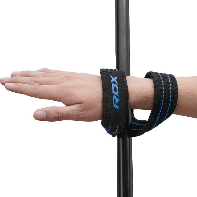 Straps de figura 8 RDX azules en Bolivia - uso en powerlifting - Chelo Sports